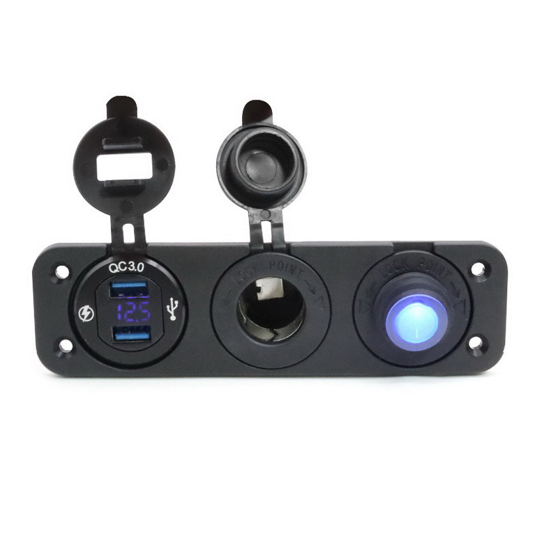 Three hole rubber plate aluminum shell car charger with voltage - no lamp female seat - waterproof small switch